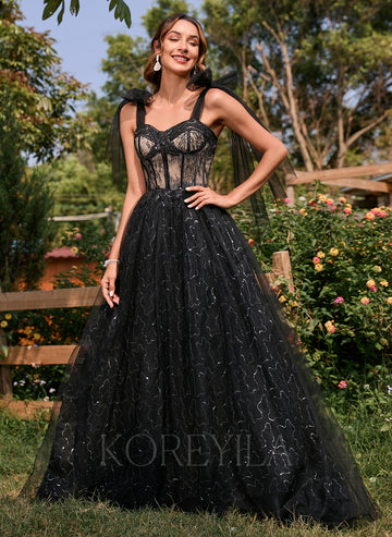 Ball-Gown/Princess Sweetheart Court Train Tulle Prom Dresses With Sequins
